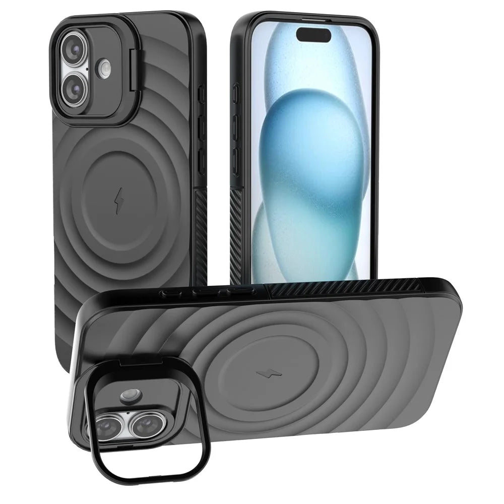 For iPhone 16 Plus Magnetic Case PC Kickstand Ripple Texture TPU Phone Cover - Black - 1