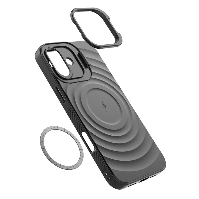 For iPhone 16 Plus Magnetic Case PC Kickstand Ripple Texture TPU Phone Cover - Black - 2