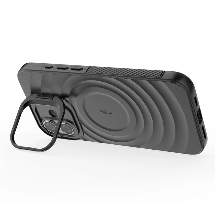 For iPhone 16 Plus Magnetic Case PC Kickstand Ripple Texture TPU Phone Cover - Black - 3