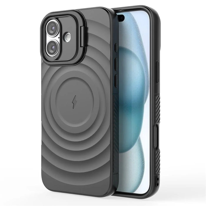 For iPhone 16 Plus Magnetic Case PC Kickstand Ripple Texture TPU Phone Cover - Black - 5