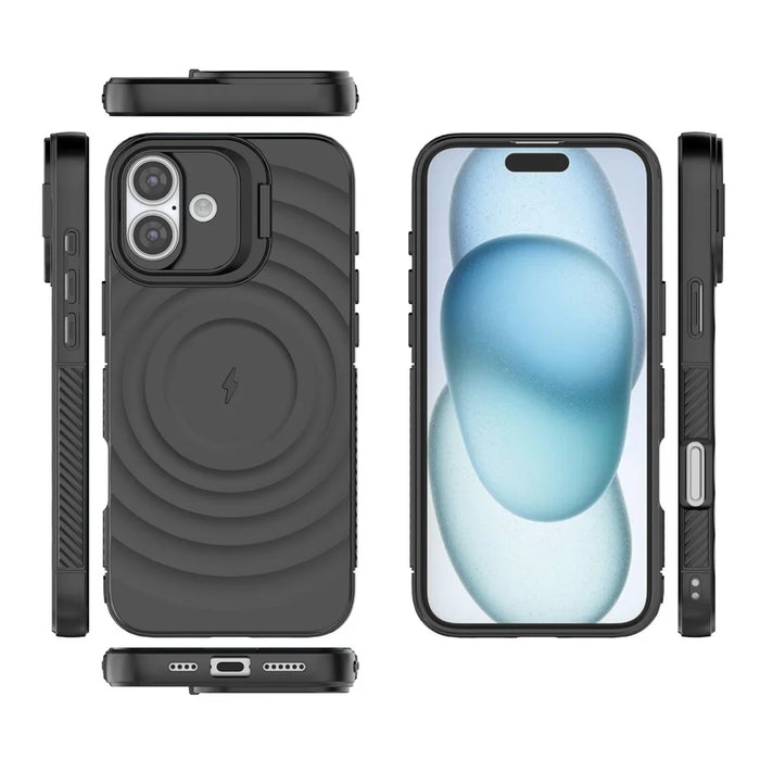 For iPhone 16 Plus Magnetic Case PC Kickstand Ripple Texture TPU Phone Cover - Black - 6