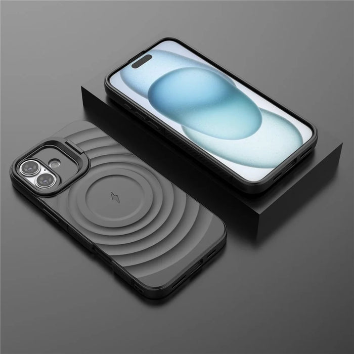 For iPhone 16 Plus Magnetic Case PC Kickstand Ripple Texture TPU Phone Cover - Black - 7