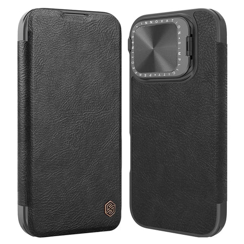 NILLKIN Qin Prop Series for iPhone 16 Pro Max Leather Case Lens Kickstand Phone Cover - Black - 1