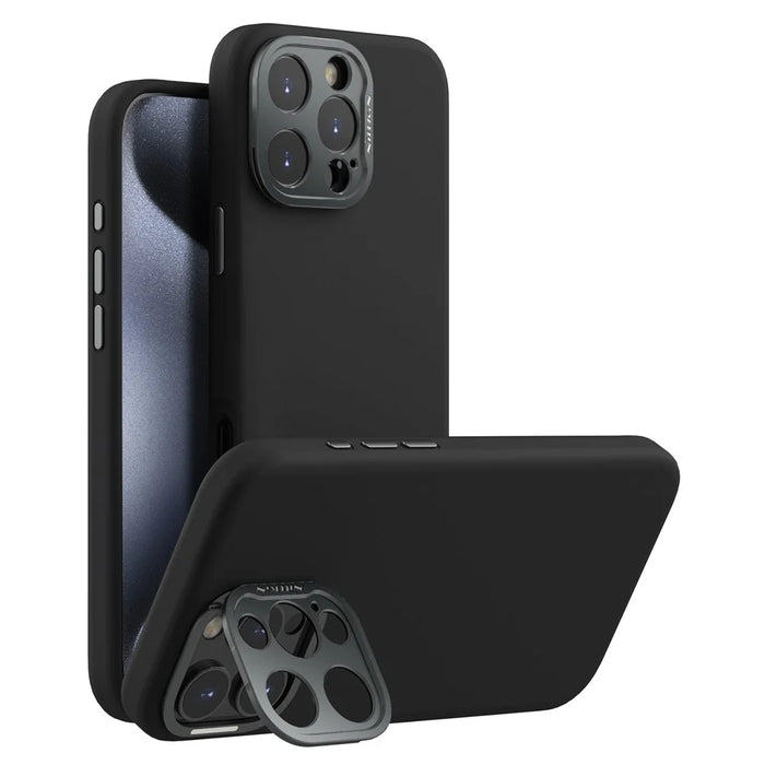 NILLKIN Lenswing Prop For iPhone 16 Pro Max Case Compatible with MagSafe Camera Lens Frame Kickstand Soft Silicone Phone Cover - Black - 1