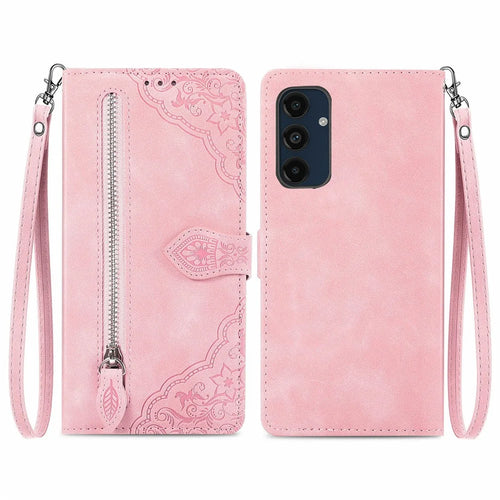 For Samsung Galaxy S24 FE Zipper Wallet Case with Strap Flower Imprint PU Leather Phone Cover - Pink - 1