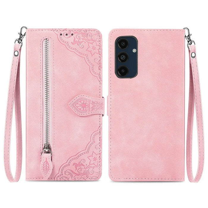 For Samsung Galaxy S24 FE Zipper Wallet Case with Strap Flower Imprint PU Leather Phone Cover - Pink - 1