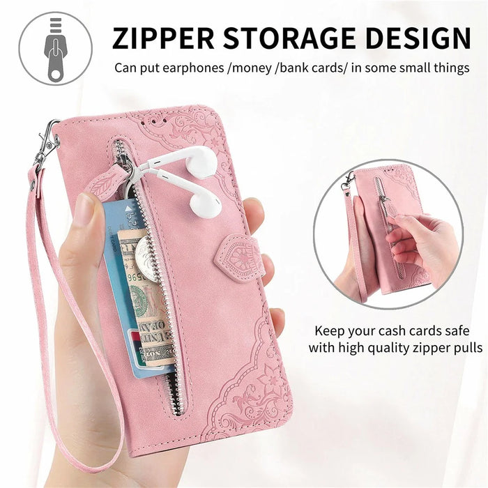 For Samsung Galaxy S24 FE Zipper Wallet Case with Strap Flower Imprint PU Leather Phone Cover - Pink - 4