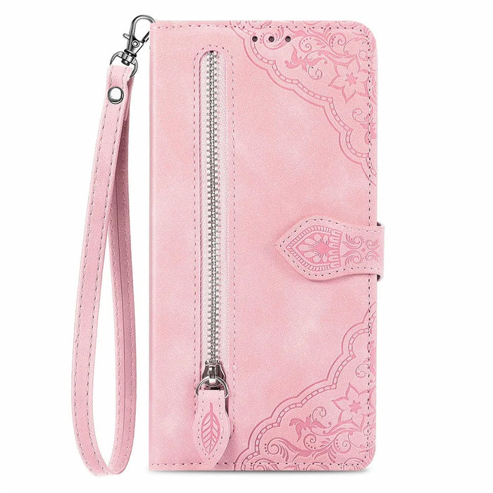 For Samsung Galaxy S24 FE Zipper Wallet Case with Strap Flower Imprint PU Leather Phone Cover - Pink - 7