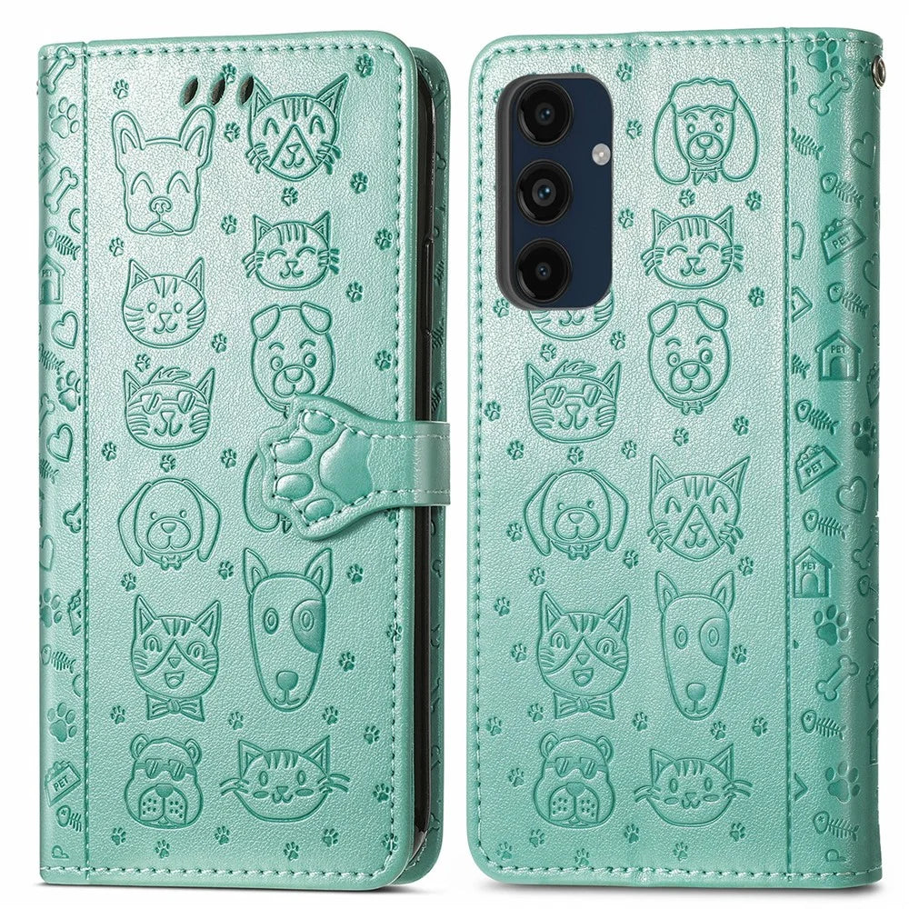 For Samsung Galaxy S24 FE Leather Wallet Case Flip Phone Cover with Cute Cat Dog Pattern - Green - 1