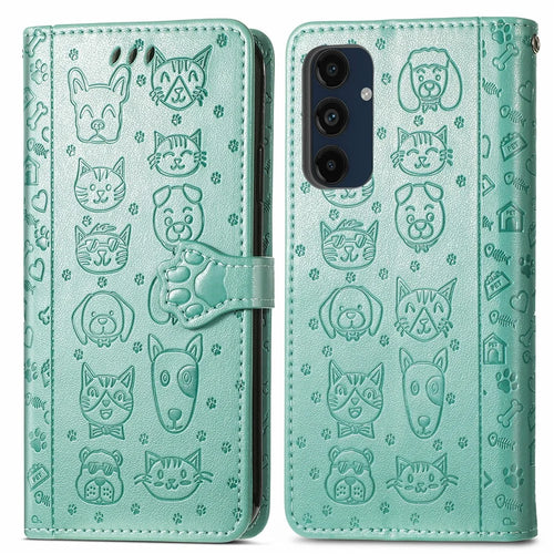 For Samsung Galaxy S24 FE Leather Wallet Case Flip Phone Cover with Cute Cat Dog Pattern - Green - 1
