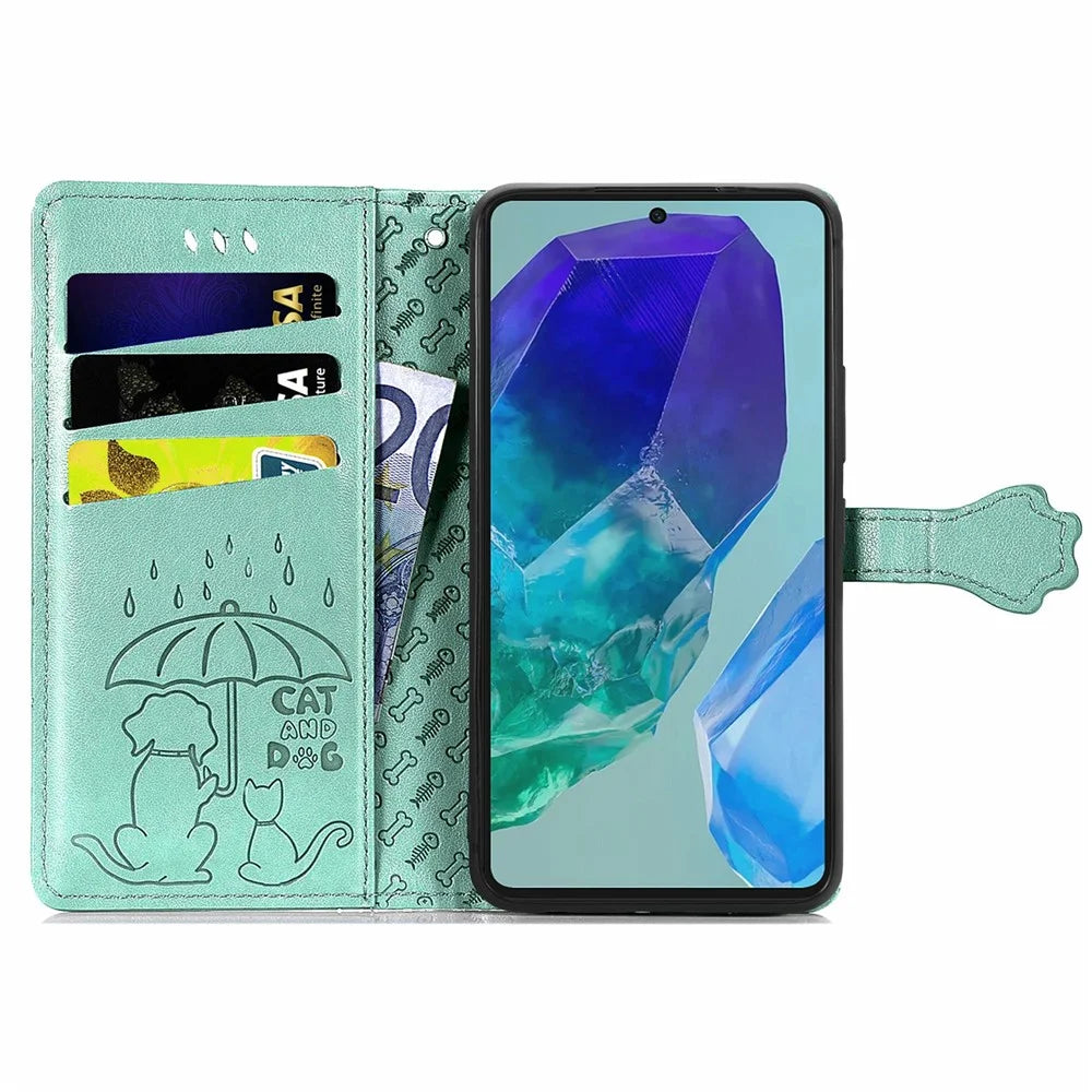 For Samsung Galaxy S24 FE Leather Wallet Case Flip Phone Cover with Cute Cat Dog Pattern - Green - 2