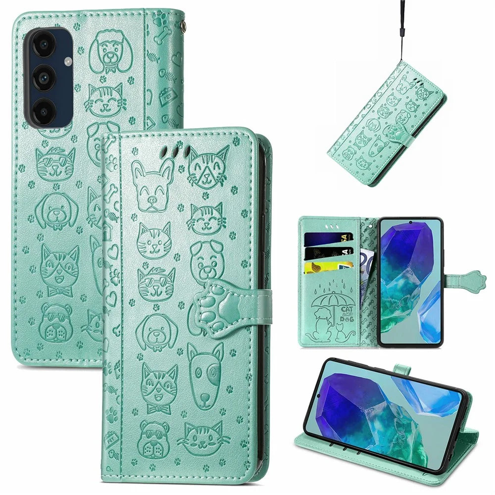 For Samsung Galaxy S24 FE Leather Wallet Case Flip Phone Cover with Cute Cat Dog Pattern - Green - 4