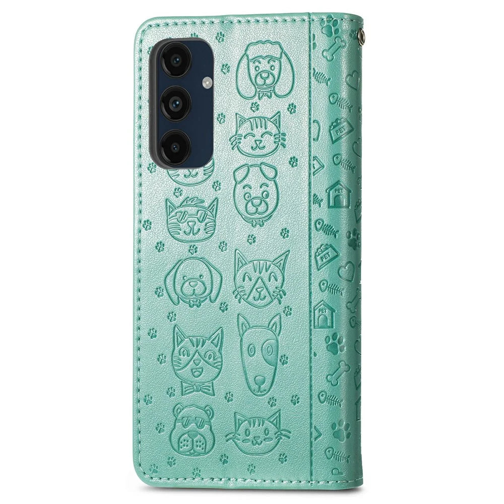 For Samsung Galaxy S24 FE Leather Wallet Case Flip Phone Cover with Cute Cat Dog Pattern - Green - 6