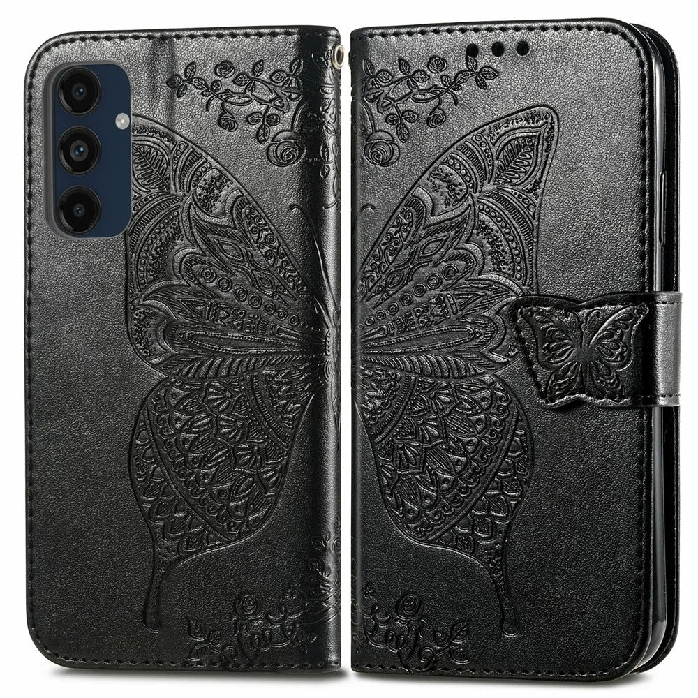 For Samsung Galaxy S24 FE Case PU Leather Wallet Phone Cover Butterfly Pattern - Black - 1