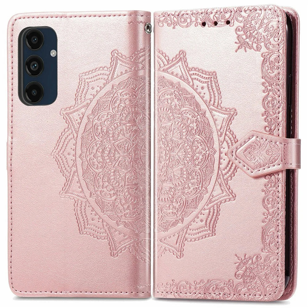 For Samsung Galaxy S24 FE Case Mandala Embossed Design Leather Wallet Phone Cover - Rose Gold - 1