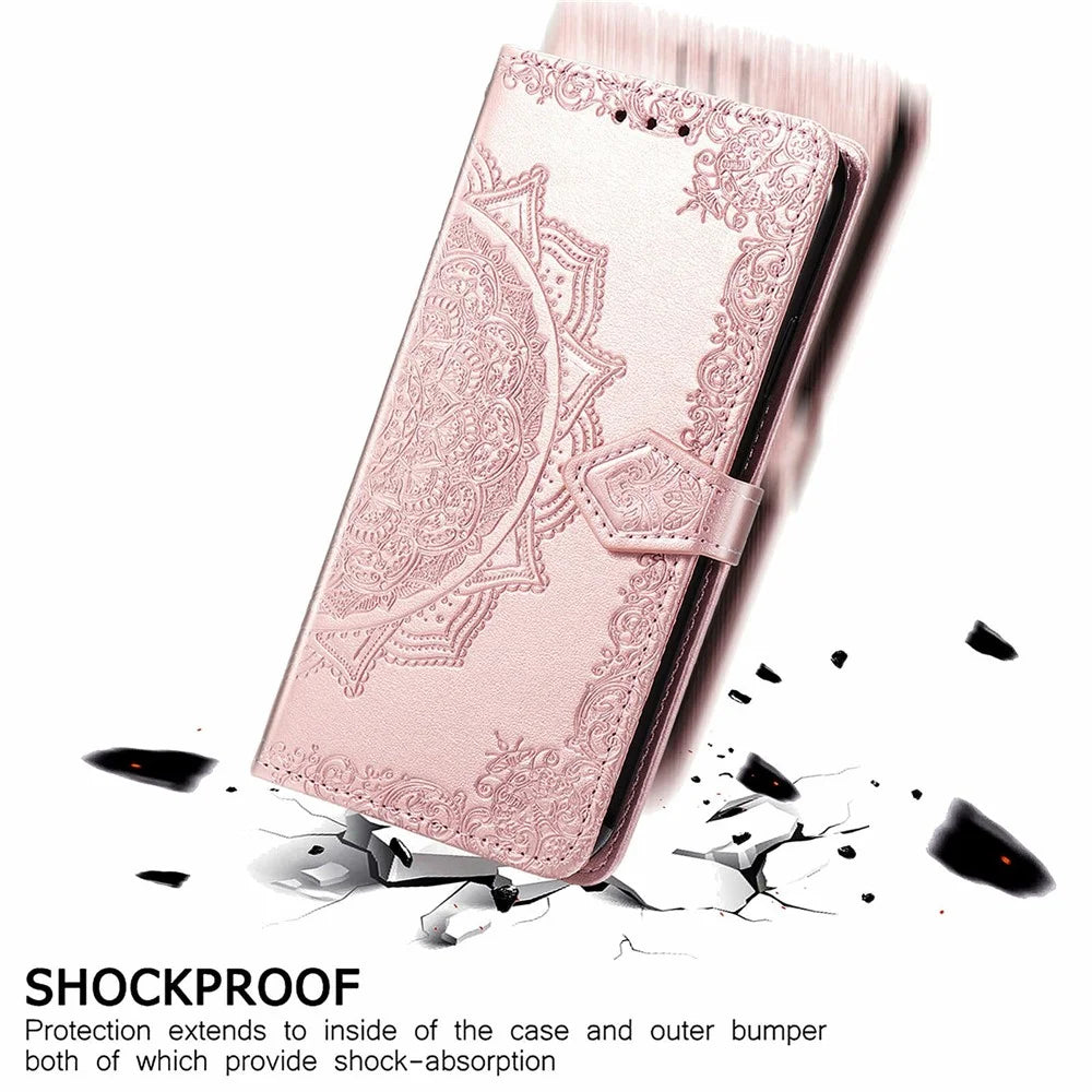 For Samsung Galaxy S24 FE Case Mandala Embossed Design Leather Wallet Phone Cover - Rose Gold - 4