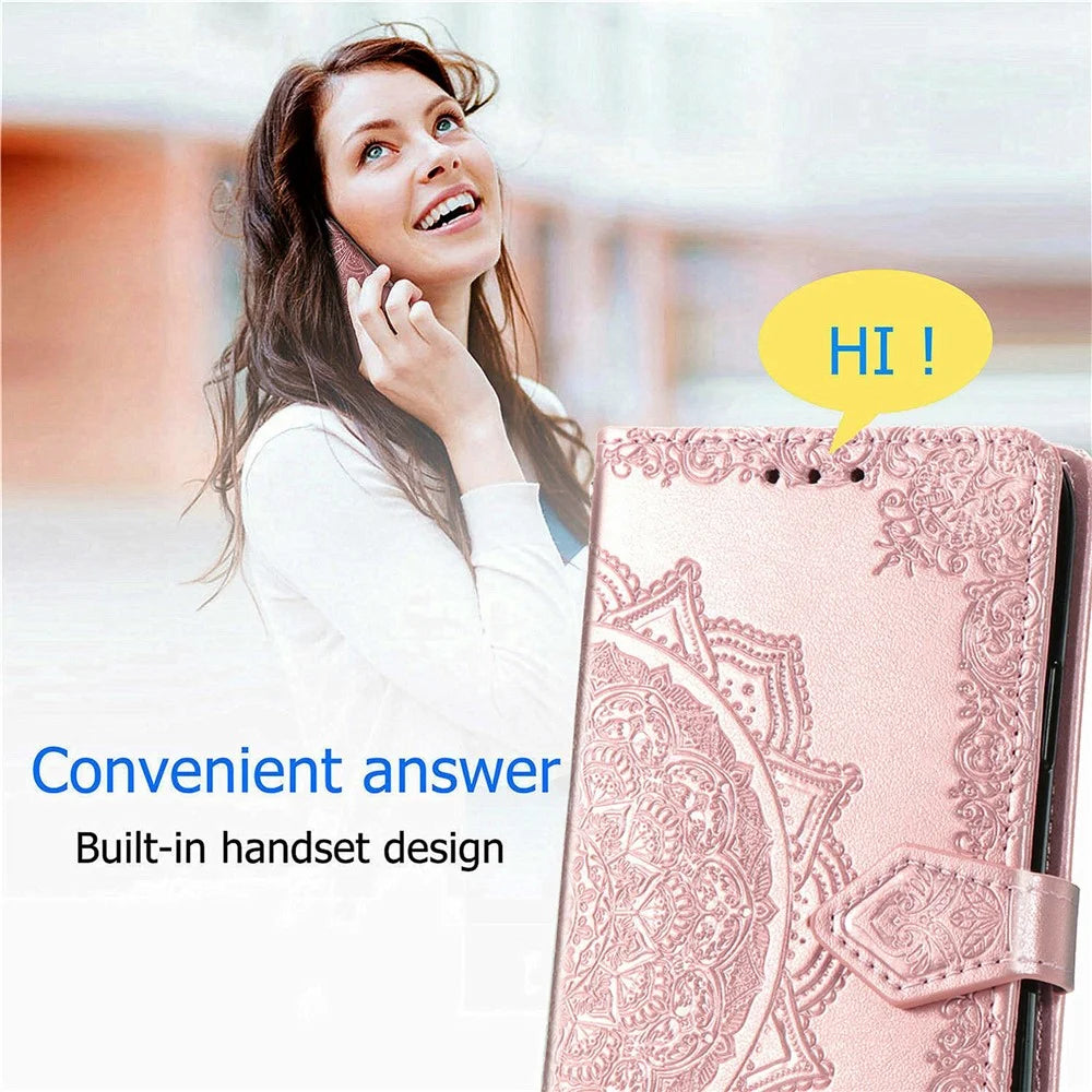 For Samsung Galaxy S24 FE Case Mandala Embossed Design Leather Wallet Phone Cover - Rose Gold - 5