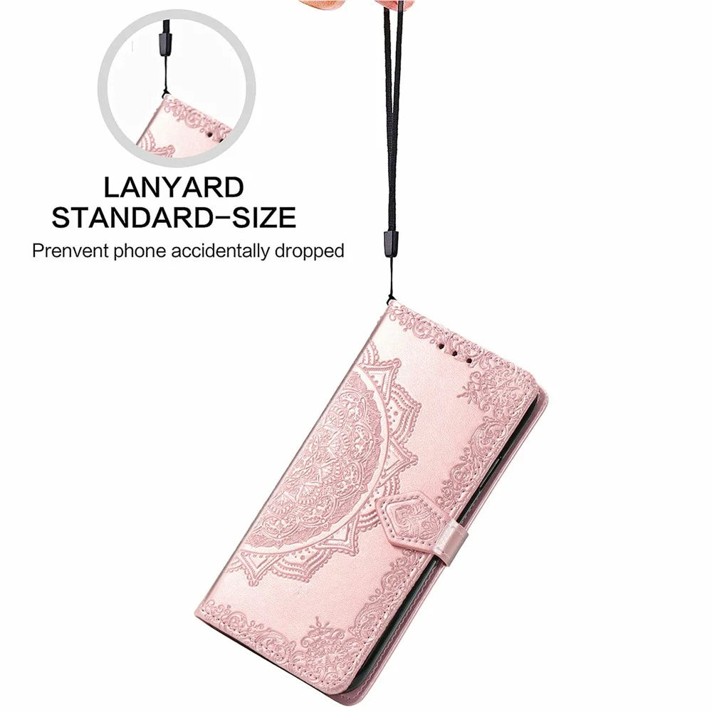 For Samsung Galaxy S24 FE Case Mandala Embossed Design Leather Wallet Phone Cover - Rose Gold - 6