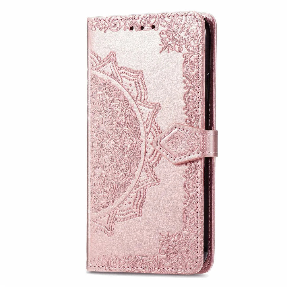 For Samsung Galaxy S24 FE Case Mandala Embossed Design Leather Wallet Phone Cover - Rose Gold - 7