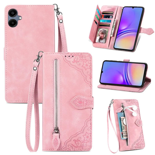 For Samsung Galaxy A06 4G Zipper Wallet Case with Strap Flower Imprint PU Leather Phone Cover - Pink - 1