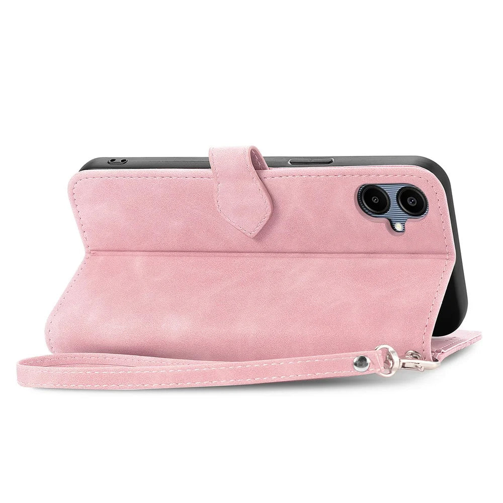 For Samsung Galaxy A06 4G Zipper Wallet Case with Strap Flower Imprint PU Leather Phone Cover - Pink - 4