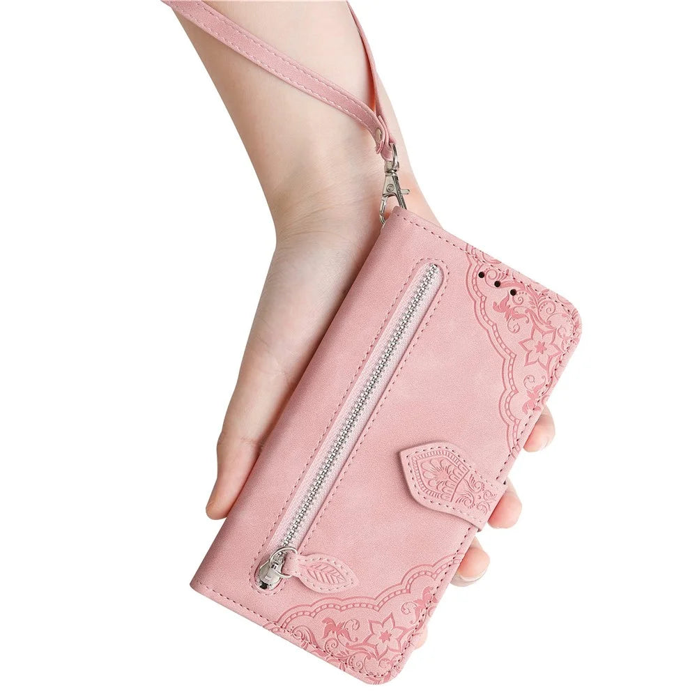 For Samsung Galaxy A06 4G Zipper Wallet Case with Strap Flower Imprint PU Leather Phone Cover - Pink - 6