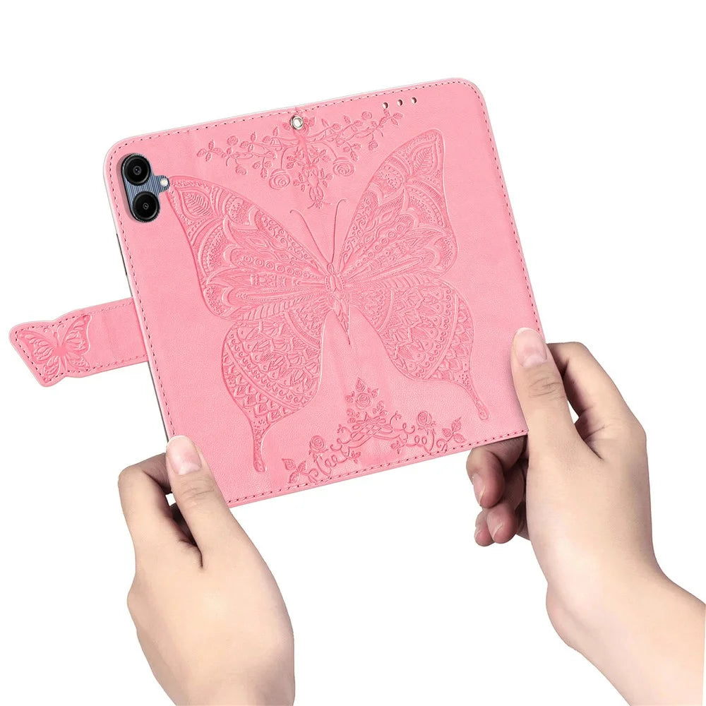 For Samsung Galaxy A06 4G Case PU Leather Wallet Phone Cover Butterfly Pattern - Pink - 4