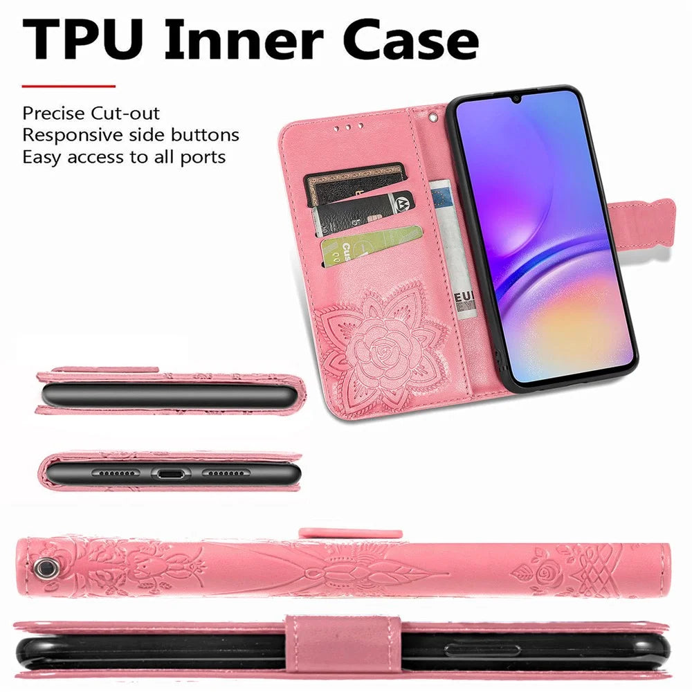 For Samsung Galaxy A06 4G Case PU Leather Wallet Phone Cover Butterfly Pattern - Pink - 5