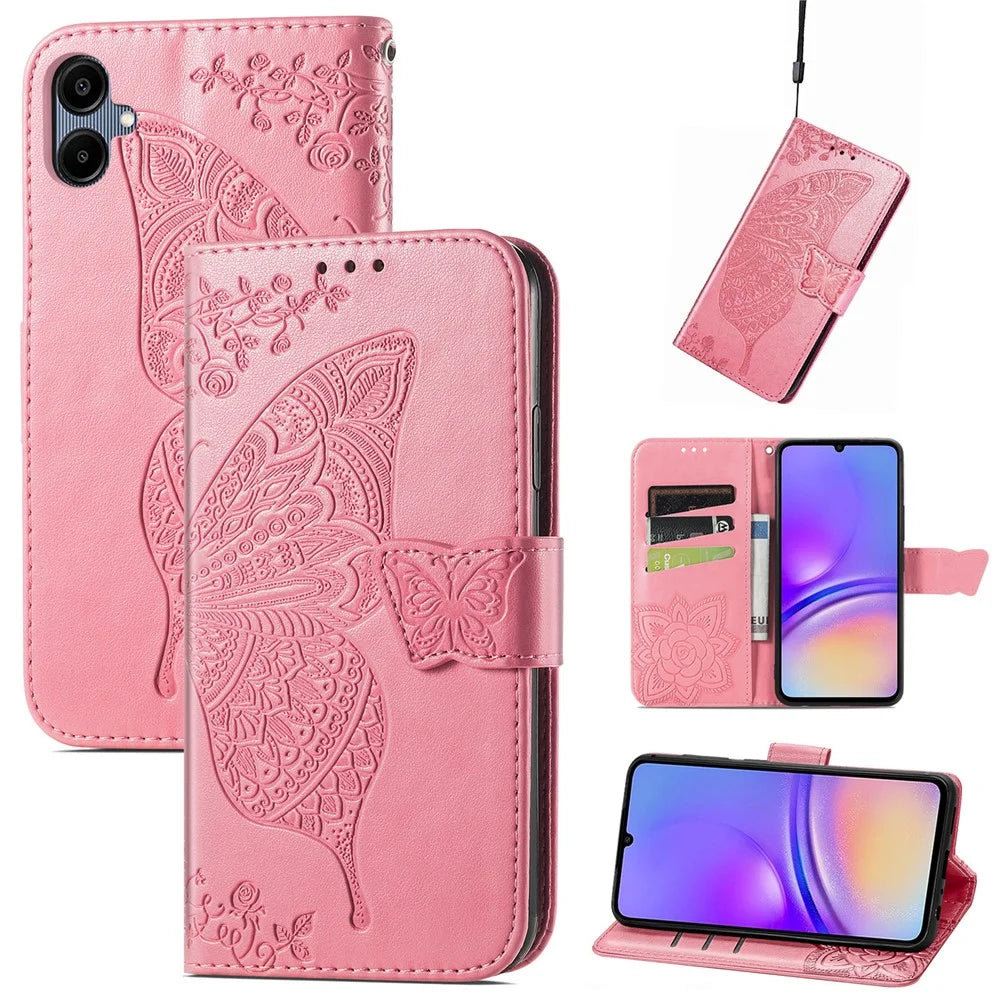 For Samsung Galaxy A06 4G Case PU Leather Wallet Phone Cover Butterfly Pattern - Pink - 6