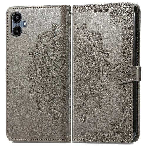 For Samsung Galaxy A06 4G Case Mandala Embossed Design Leather Wallet Phone Cover - Grey - 1