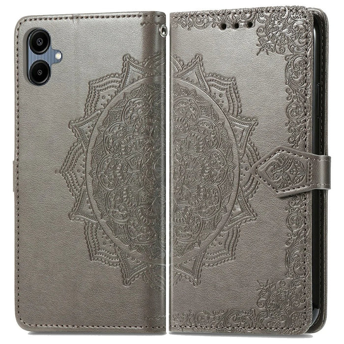 For Samsung Galaxy A06 4G Case Mandala Embossed Design Leather Wallet Phone Cover - Grey - 1