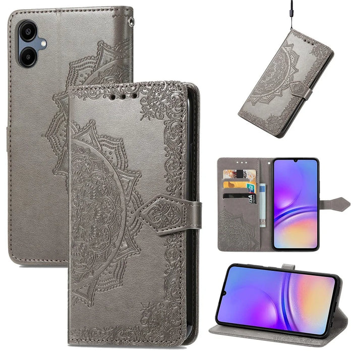 For Samsung Galaxy A06 4G Case Mandala Embossed Design Leather Wallet Phone Cover - Grey - 4