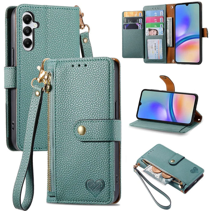For Samsung Galaxy A06 4G Case RFID Blocking Zipper Pocket Leather Wallet Phone Cover - Green - 1