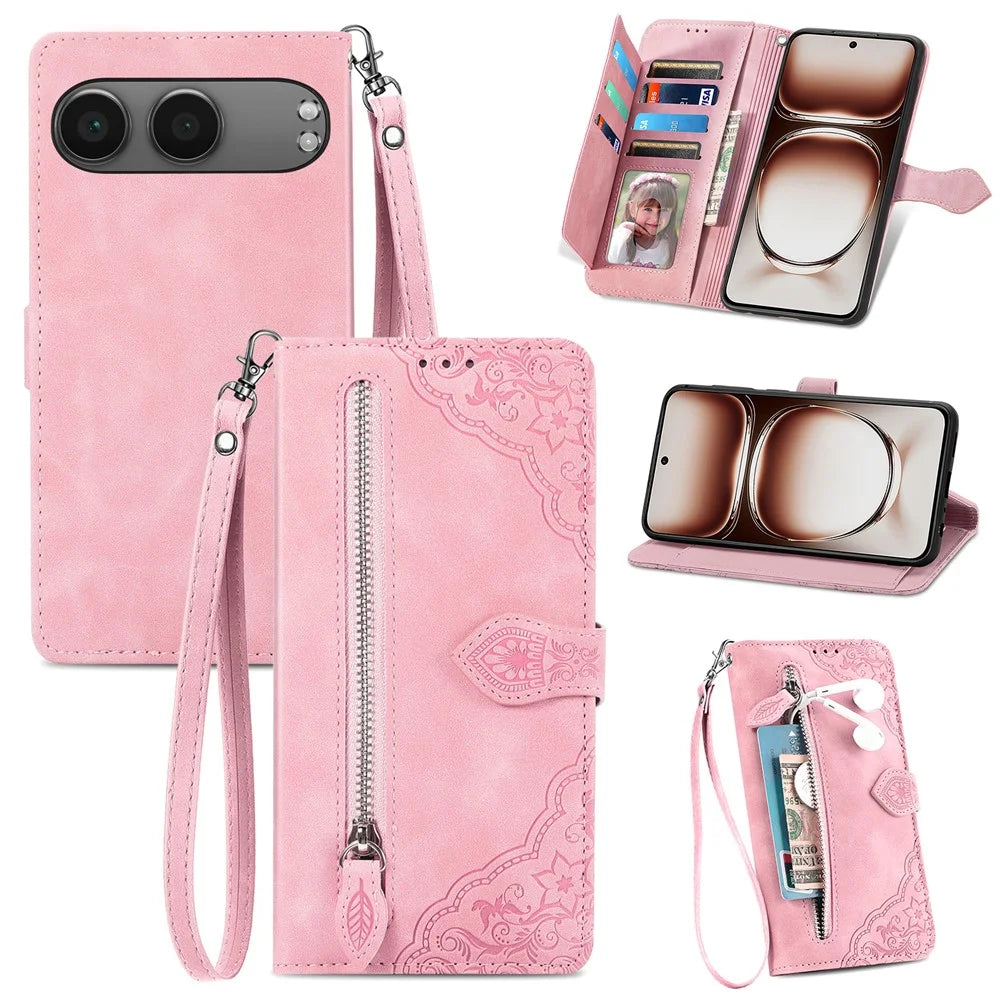 For OnePlus Nord 4 Zipper Wallet Case with Strap Flower Imprint PU Leather Phone Cover - Pink - 1