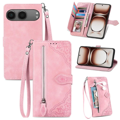 For OnePlus Nord 4 Zipper Wallet Case with Strap Flower Imprint PU Leather Phone Cover - Pink - 1