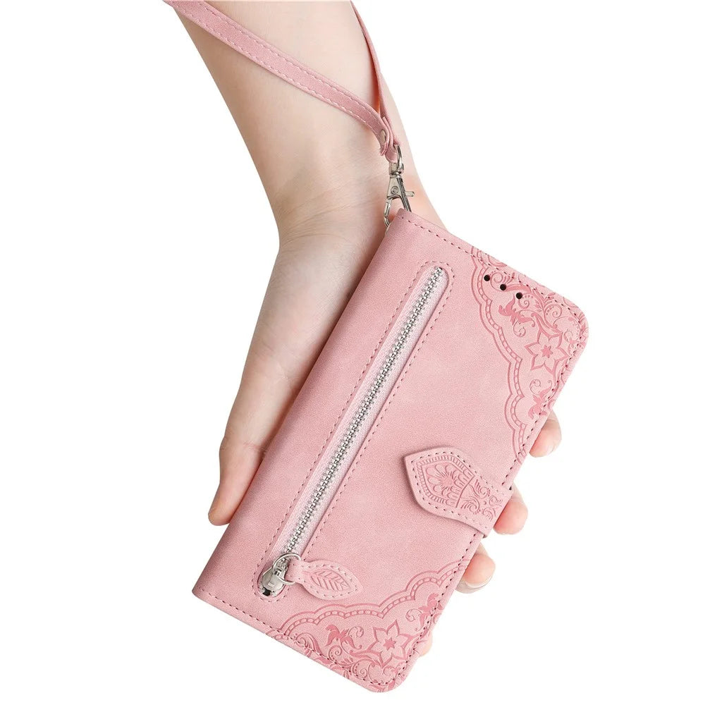 For OnePlus Nord 4 Zipper Wallet Case with Strap Flower Imprint PU Leather Phone Cover - Pink - 7