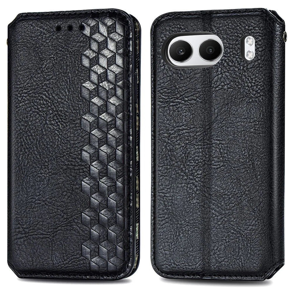 For OnePlus Nord 4 PU Leather Case Rhombus Imprint Wallet Stand Phone Cover - Black - 1
