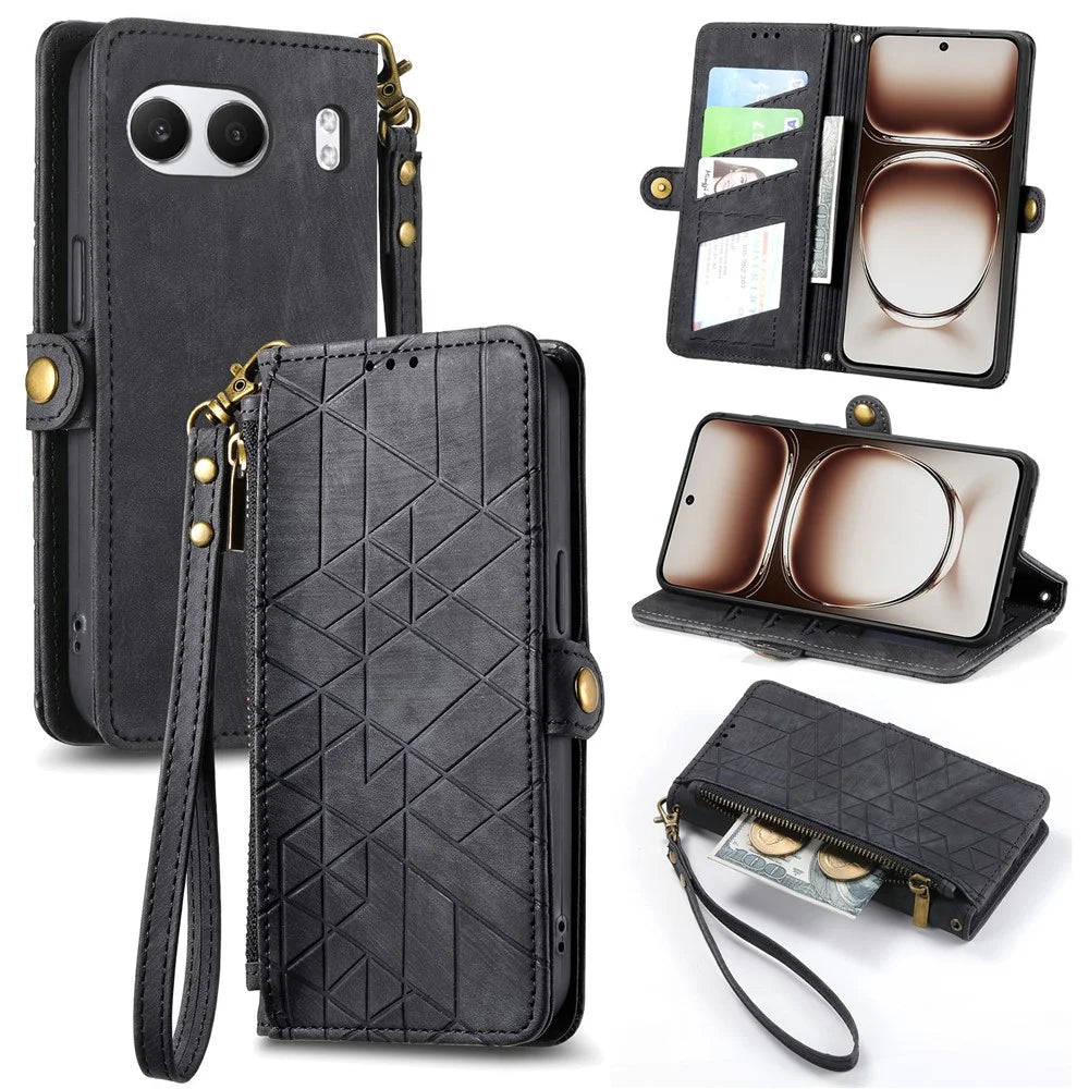 For OnePlus Nord 4 Zipper Wallet Case Geometry Lines Leather Phone Cover with Strap - Black - 1
