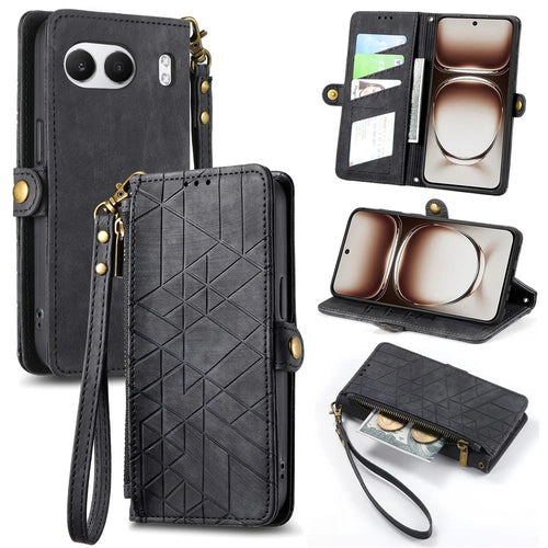For OnePlus Nord 4 Zipper Wallet Case Geometry Lines Leather Phone Cover with Strap - Black - 1