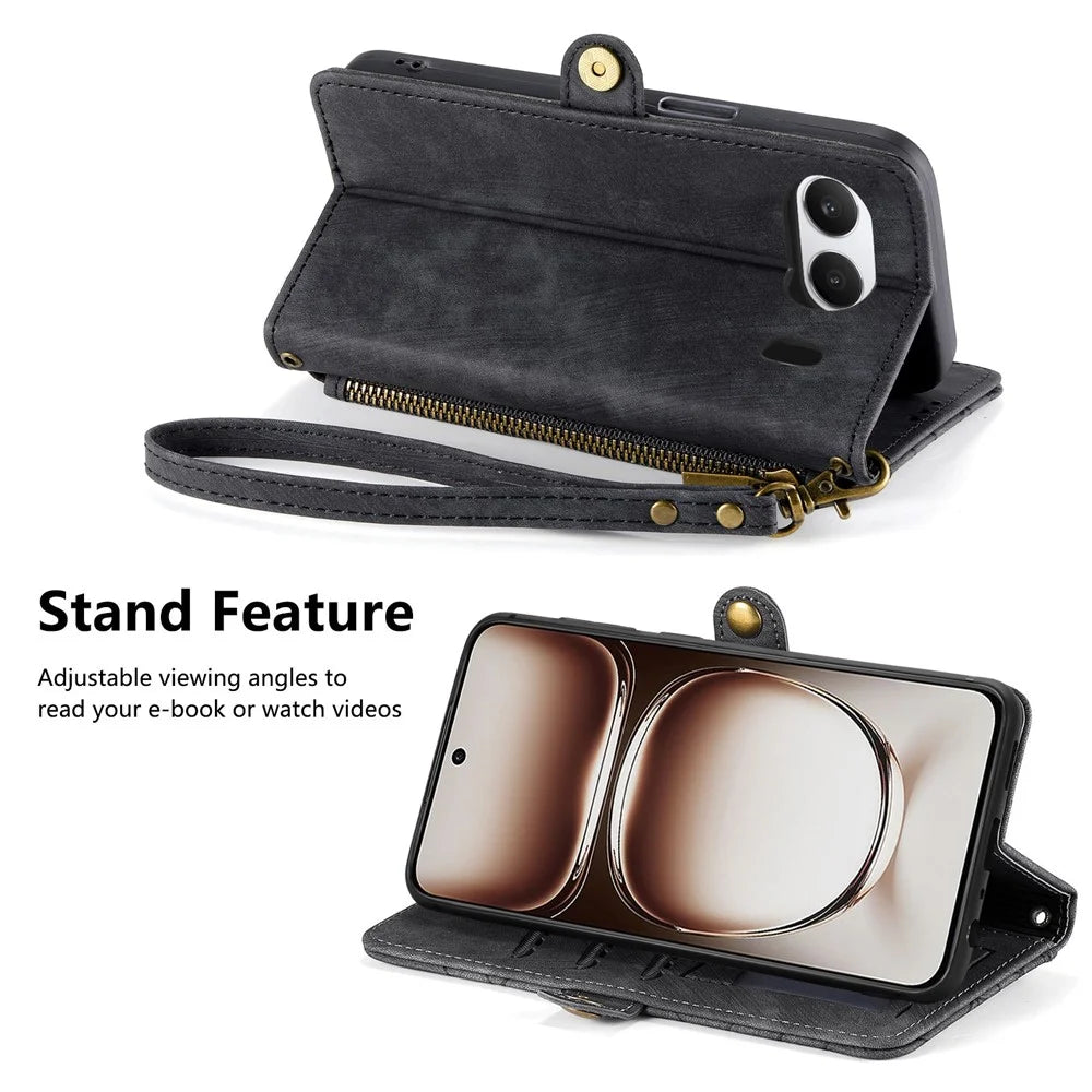 For OnePlus Nord 4 Zipper Wallet Case Geometry Lines Leather Phone Cover with Strap - Black - 3