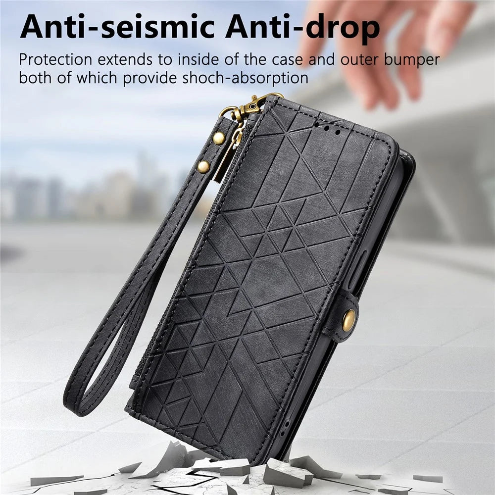 For OnePlus Nord 4 Zipper Wallet Case Geometry Lines Leather Phone Cover with Strap - Black - 4