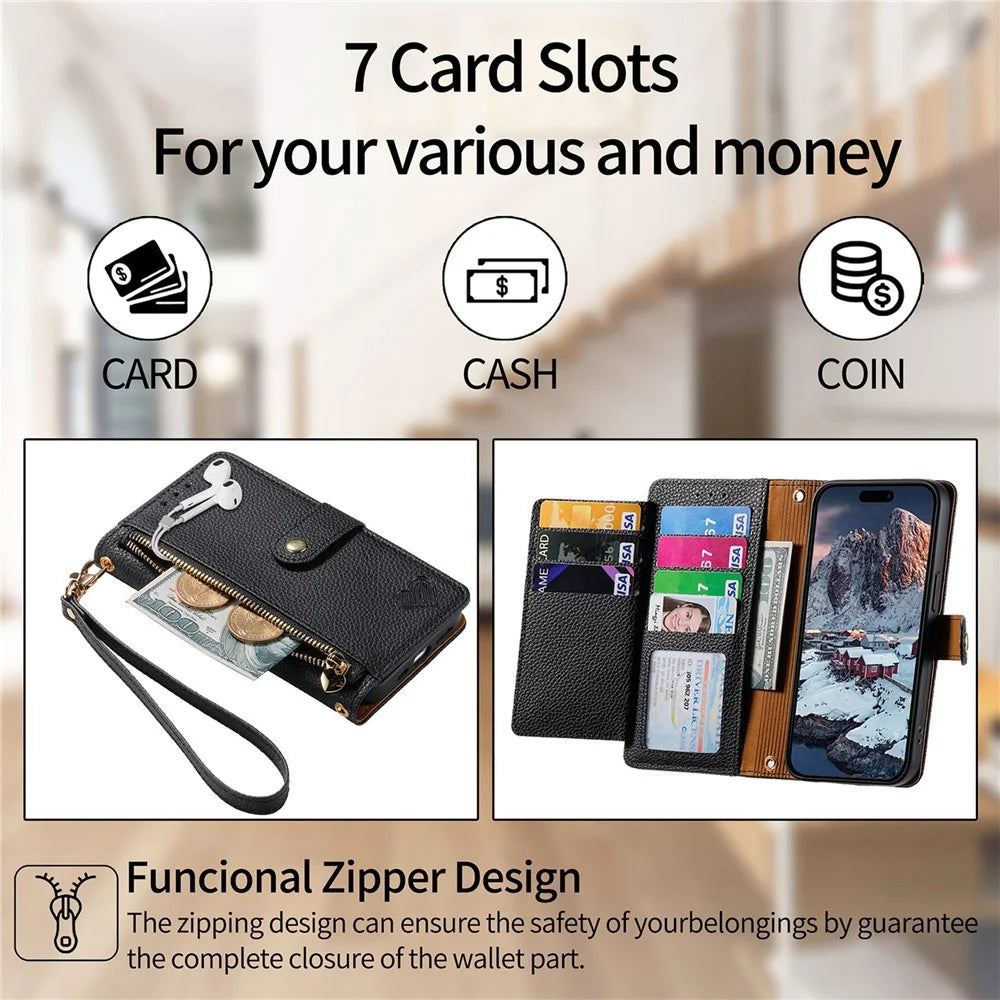 For OnePlus Nord 4 Case RFID Blocking Zipper Pocket Leather Wallet Phone Cover - Black - 6