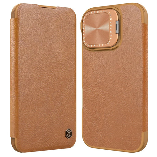 NILLKIN Qin Prop Series for iPhone 16 Leather Case Lens Kickstand Phone Cover - Brown - 1