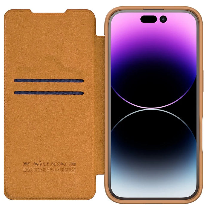 NILLKIN Qin Prop Series for iPhone 16 Leather Case Lens Kickstand Phone Cover - Brown - 2