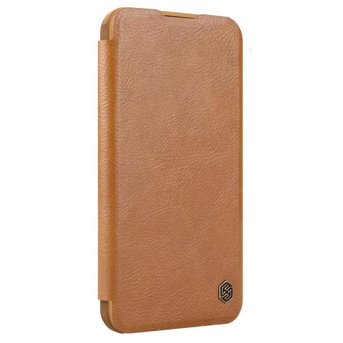 NILLKIN Qin Prop Series for iPhone 16 Leather Case Lens Kickstand Phone Cover - Brown - 3