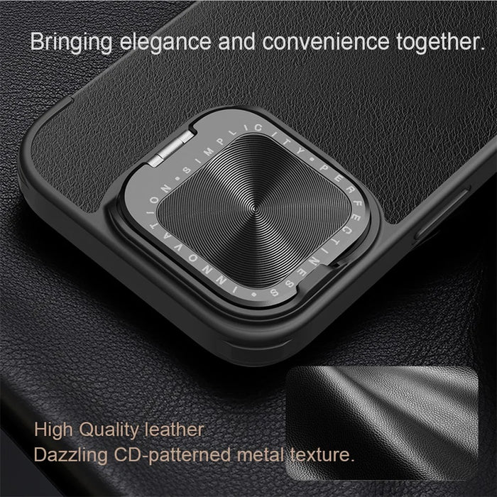 NILLKIN Qin Prop Series for iPhone 16 Leather Case Lens Kickstand Phone Cover - Brown - 6