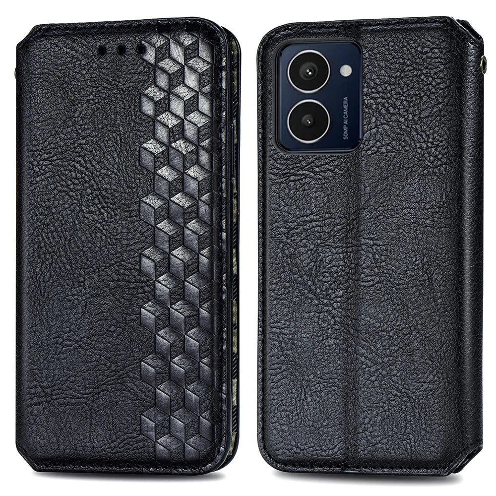For HMD Pulse Pro PU Leather Case Rhombus Imprint Wallet Stand Phone Cover - Black - 1