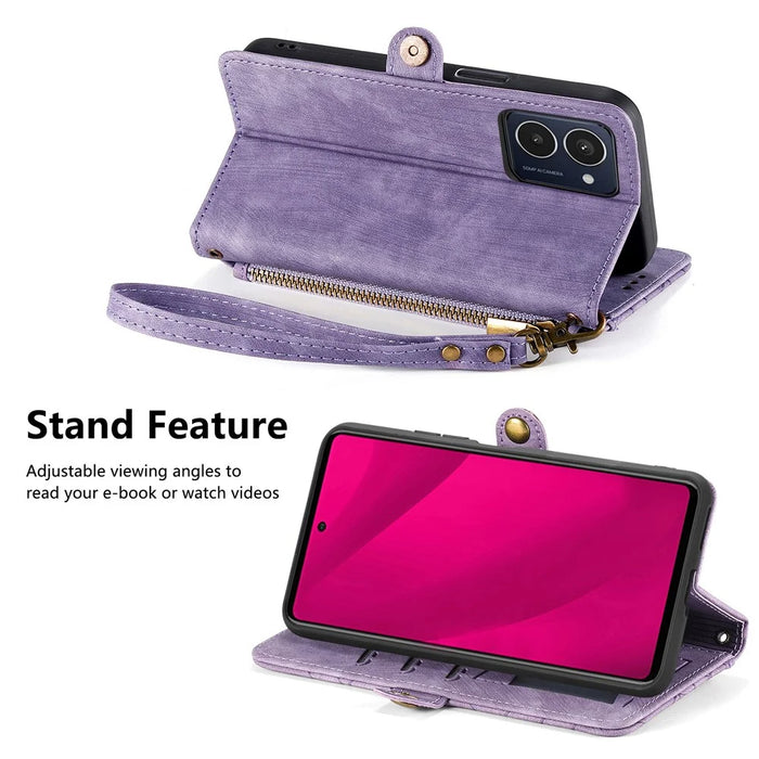 For HMD Pulse Pro Zipper Wallet Case Geometry Lines Leather Phone Cover with Strap - Light Purple - 3