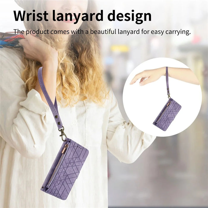 For HMD Pulse Pro Zipper Wallet Case Geometry Lines Leather Phone Cover with Strap - Light Purple - 5