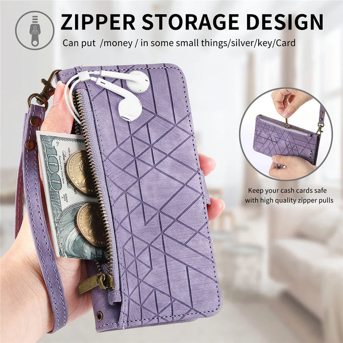 For HMD Pulse Pro Zipper Wallet Case Geometry Lines Leather Phone Cover with Strap - Light Purple - 6
